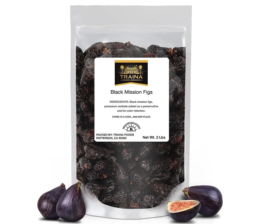 California Mission Figs with a rich purple-black color and chewy texture, available in 2 LB and 5 LB quantities, perfect for snacking, baking, or charcuterie from Traina Home Grown.
