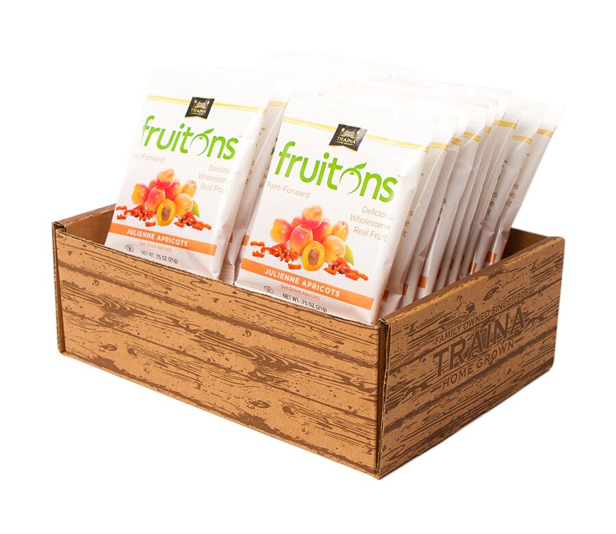 Box of fruitons® Sun Dried Apricot Snacks – 18 count of individually packaged .75 oz snack bags.