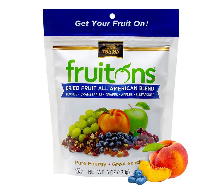 fruitons® All American Dried Fruit Blend with apricots, peaches, nectarines, pears, raisins, and cranberries in a 6 oz resealable bag.