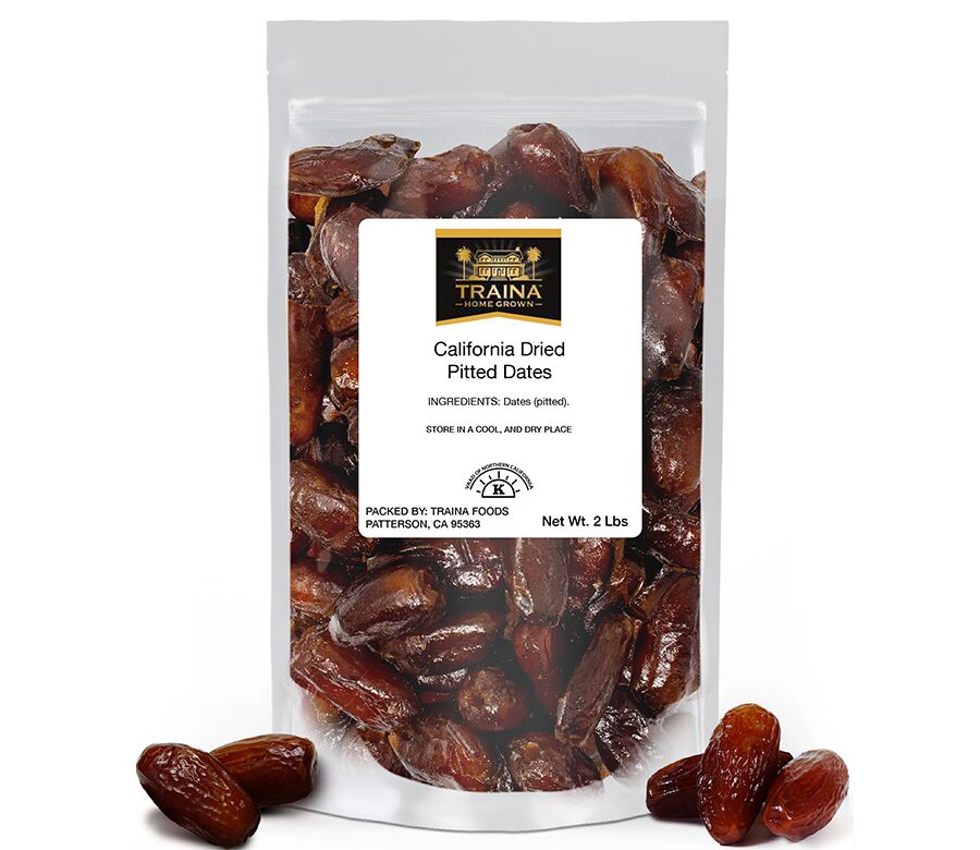 California Pitted Dates from Traina® Home Grown, showcasing their rich brown color, natural sweetness, and fiber-rich goodness, perfect for charcuterie boards and appetizers.