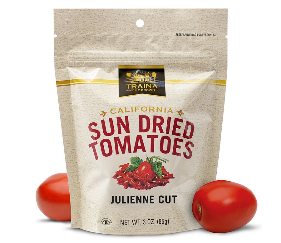 Bag of California Julienne Cut Sun Dried Tomatoes in convenient, resealable packaging.