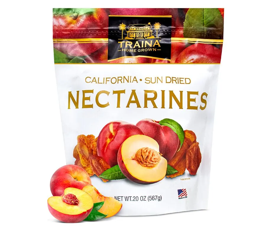 California Sun Dried Nectarines with vibrant orange-yellow hue, offered in 20 oz resealable bag, perfect for snacking, baking, and adding to salads.