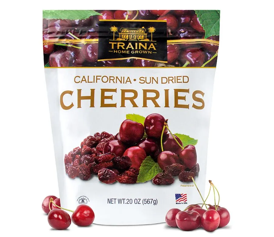 Traina Home Grown's Natural California Sun Dried Cherries in a convenient 20 oz bag.