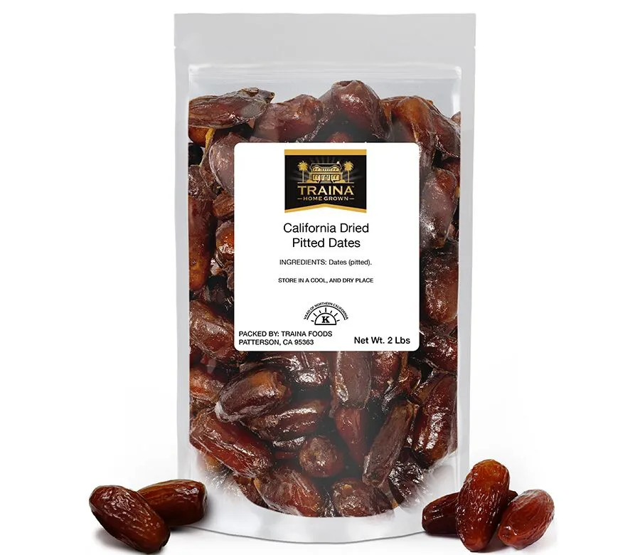 California Pitted Dates from Traina® Home Grown, showcasing their rich brown color, natural sweetness, and fiber-rich goodness, perfect for charcuterie boards and appetizers.