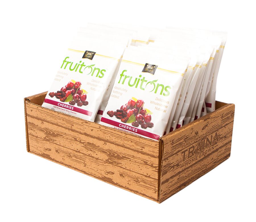 Box of fruitons® Natural Cherries with 18 individual .75 oz bags, an award-winning snack rich in fiber and nutrients. Fruitons - Fun to add fruit to your meals!
