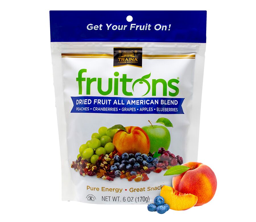 fruitons® All American Dried Fruit Blend with apricots, peaches, nectarines, pears, raisins, and cranberries in a 6 oz resealable bag.