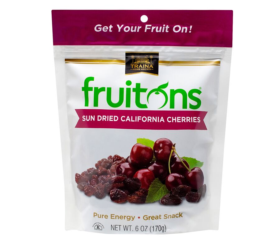 fruitons® Sun Dried California Cherries, award-winning snack in a resealable bag, perfect for baking or on-the-go enjoyment.