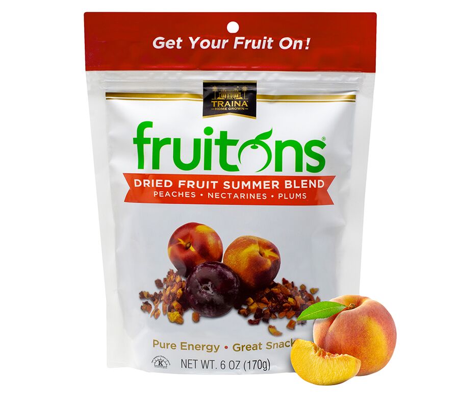 fruitons® Summer Blend, 6 oz featuring bite-sized pieces of California Sun Dried Peaches, Nectarines, and Plums in a resealable bag.