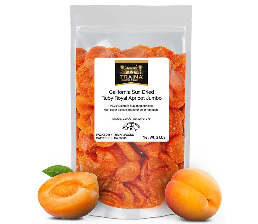 California Sun Dried Ruby Royal Apricot Jumbo halves in 2 lb and 5 lb resealable plastic packages