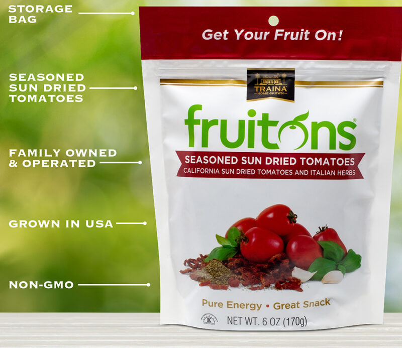 fruitons® Seasoned Sun Dried Tomatoes bag highlighting convenience as a versatile ingredient and snack.