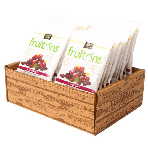 Box of fruitons® Natural Cherries with 18 individual .75 oz bags, an award-winning snack rich in fiber and nutrients. Fruitons - Fun to add fruit to your meals!