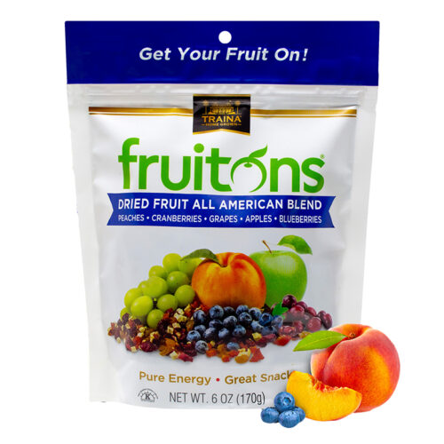fruitons® All American Dried Fruit Blend with apricots, peaches, nectarines, pears, raisins, and cranberries in a 6 oz resealable bag.