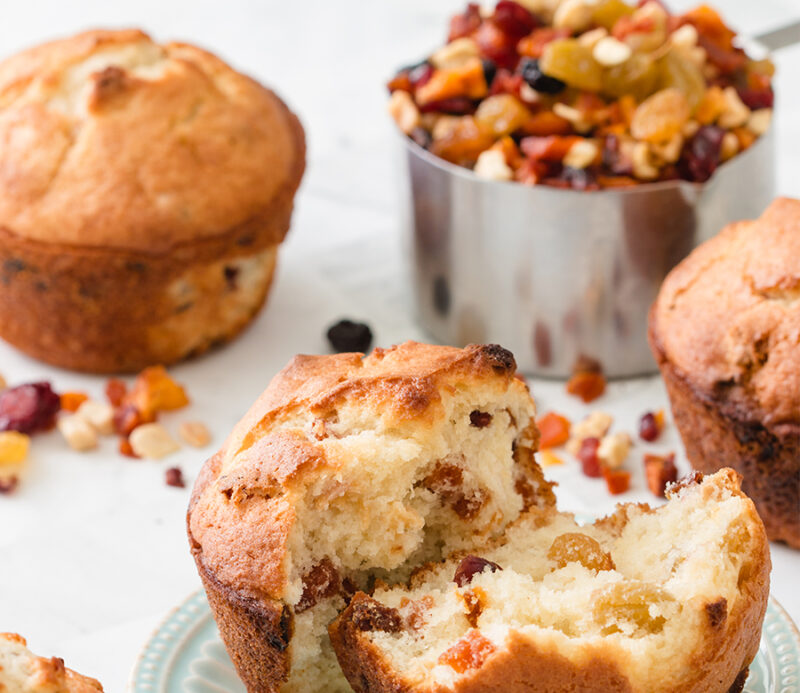 fruitons® All American Dried Fruit Blend as a premium baking ingredient, shown in a muffin showcasing the fruit. Bake only the best for your family.
