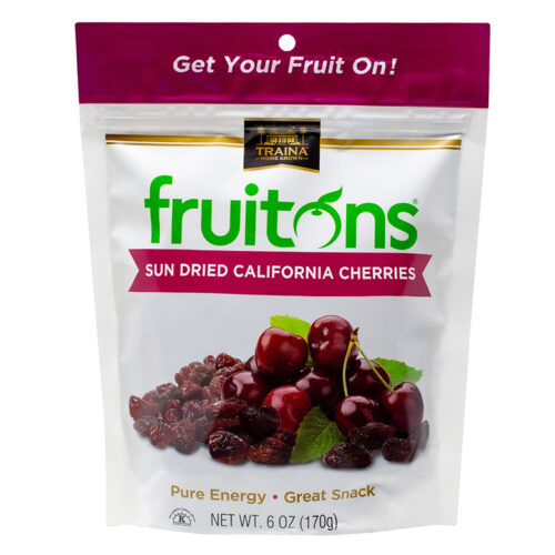 fruitons® Sun Dried California Cherries, award-winning snack in a resealable bag, perfect for baking or on-the-go enjoyment.
