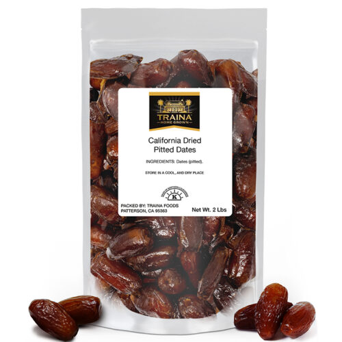 California Pitted Dates from Traina® Home Grown, showcasing their rich brown color, natural sweetness, and fiber-rich goodness, perfect for charcuterie boards and appetizers.