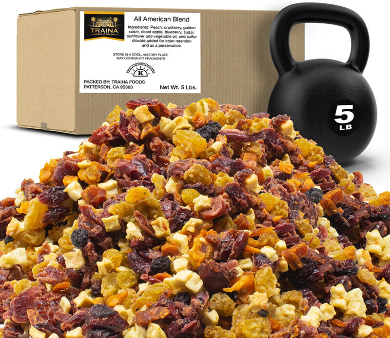 A 5lb. package of the All American Dried Fruit Blend from Traina Home Grown.