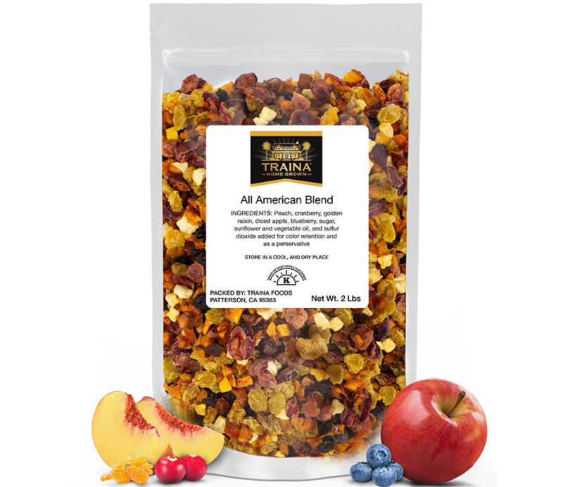 A two pound package of the All American Dried Fruit Blend from Traina Home Grown.