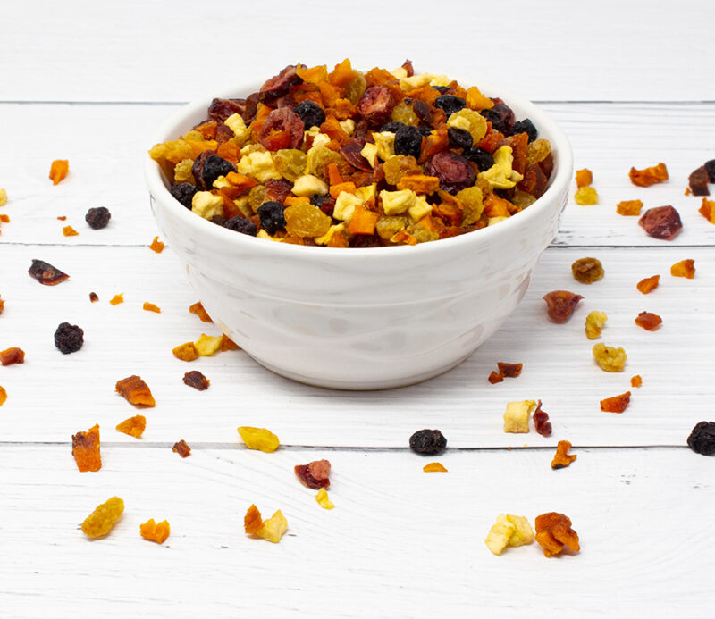 A bowl filled with the All American Dried Fruit Blend from Traina Home Grown.