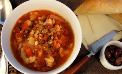 Vegetable Soup with Sun Dried Tomato Bread Crumb Crunch