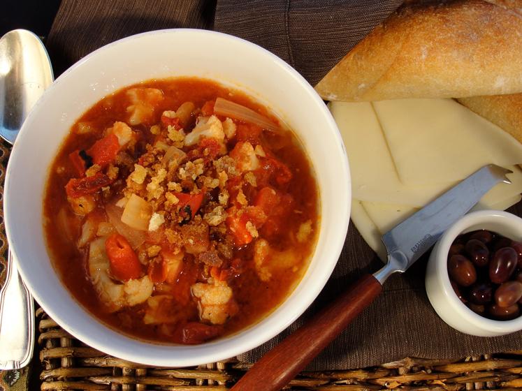Vegetable Soup with Sun Dried Tomato Bread Crumb Crunch