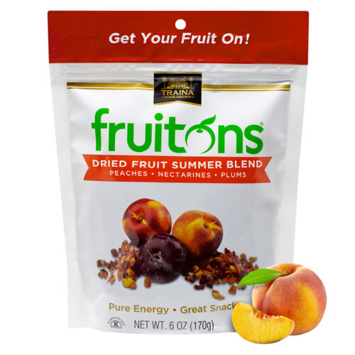 fruitons® Summer Blend, 6 oz featuring bite-sized pieces of California Sun Dried Peaches, Nectarines, and Plums in a resealable bag.
