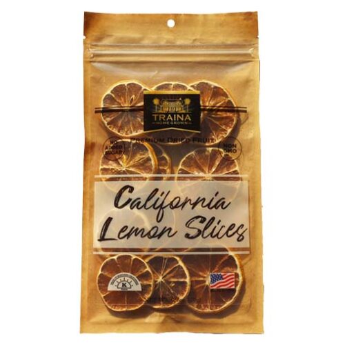 Packaging of Dried California Lemon Slices from Traina Home Grown.