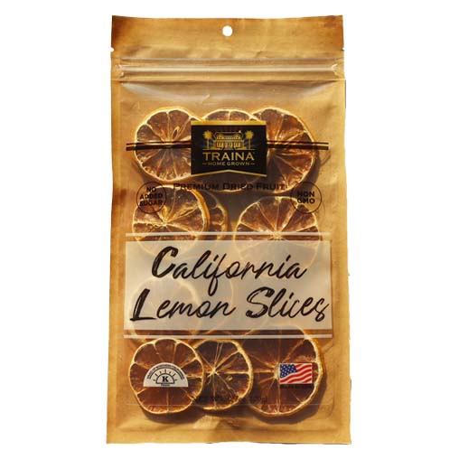 Packaging of Dried California Lemon Slices from Traina Home Grown.